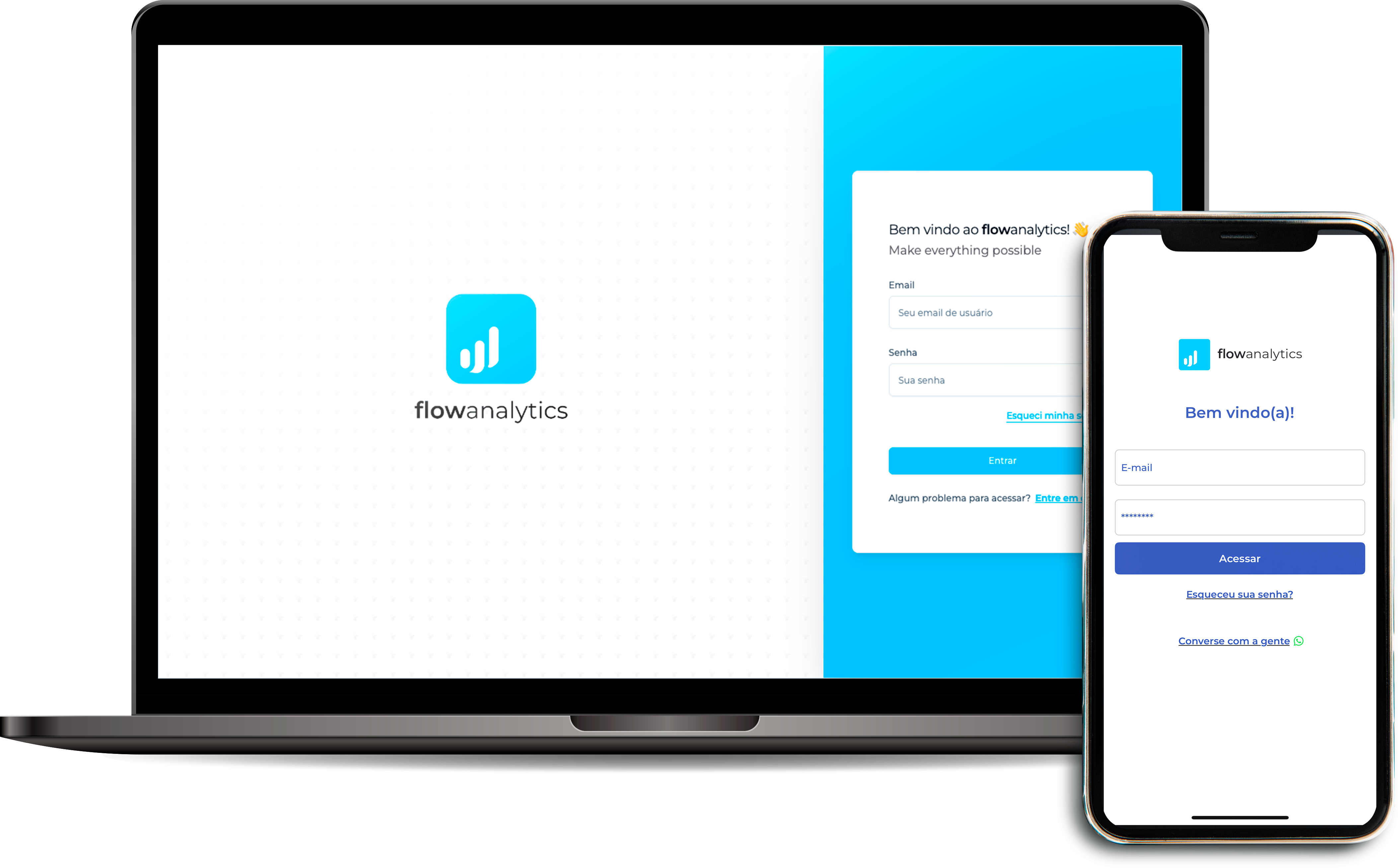 Imagem de um notebook e de um celular nas telas iniciais do FlowAnalytics