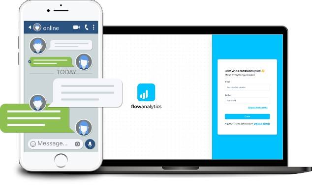 Imagem demonstrativa de celular em um chat e computador acessando login do flow.