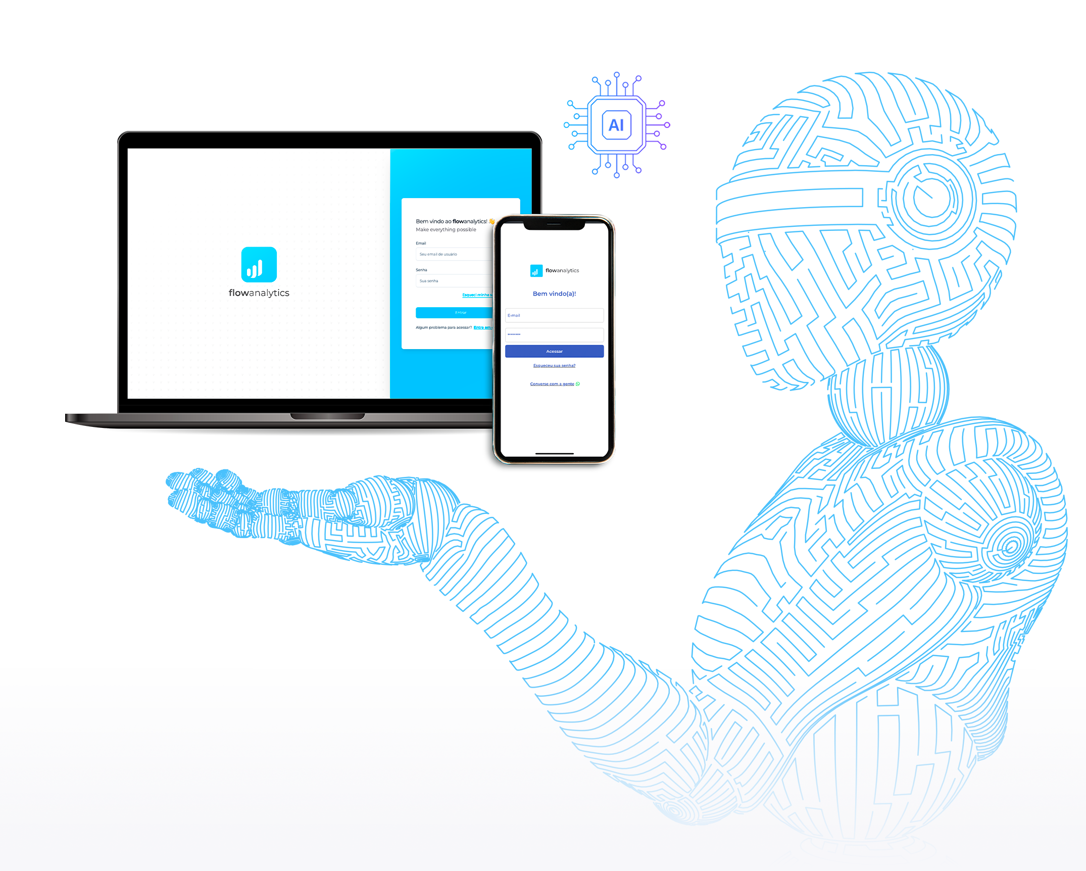 Robô com celular e notebook acima da mão, na tela de login do FlowAnalytics